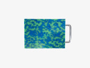 Small blue and green marbled cutting board with chrome handle on white background