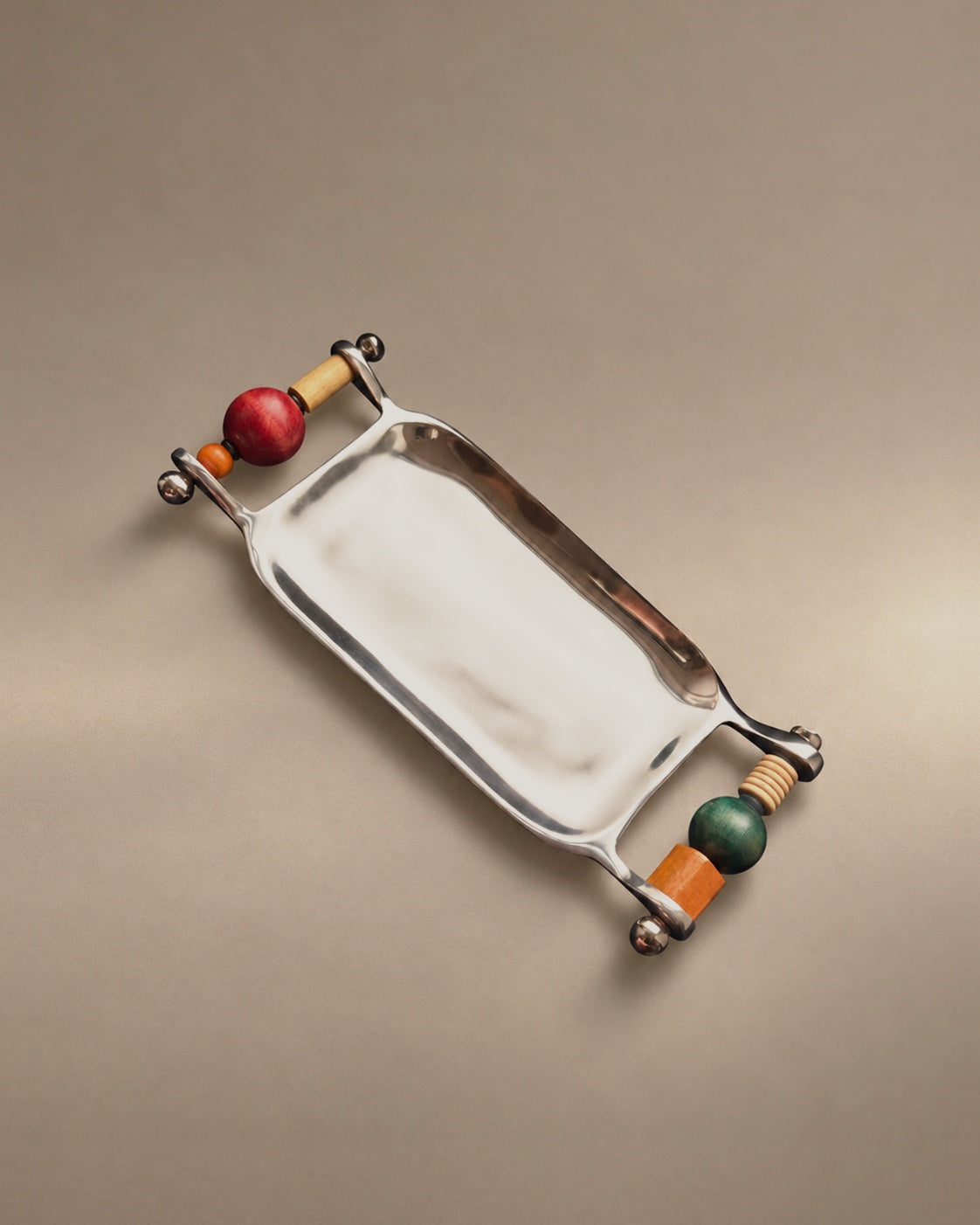 Yam Beaded Keepsake Tray in Pops of Color, polished aluminum with beaded handles, photographed in the Son of Rand studio