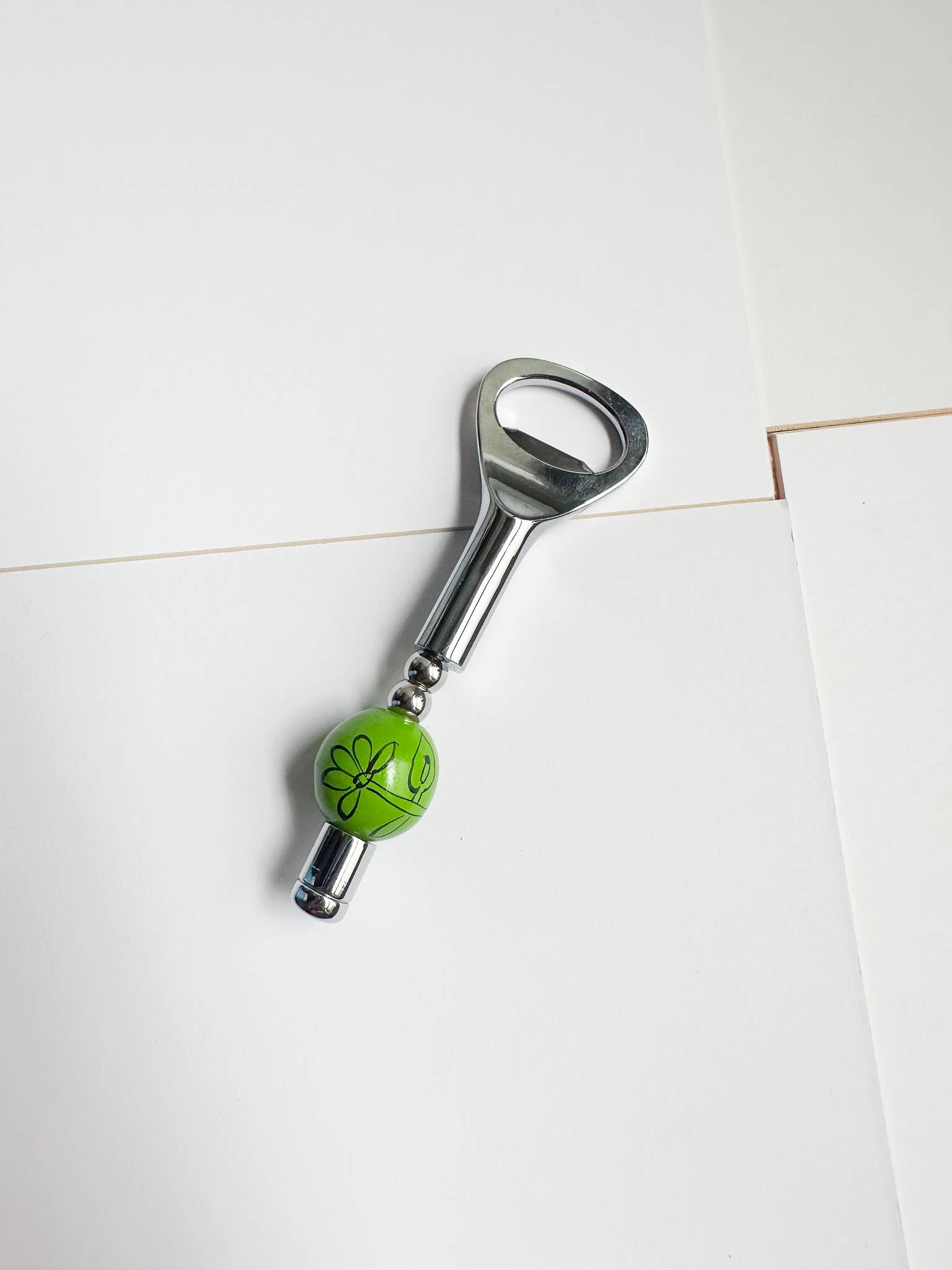 Yam Beaded Bottle Opener in Natural and Brown, upcycled wooden beads on stainless steel