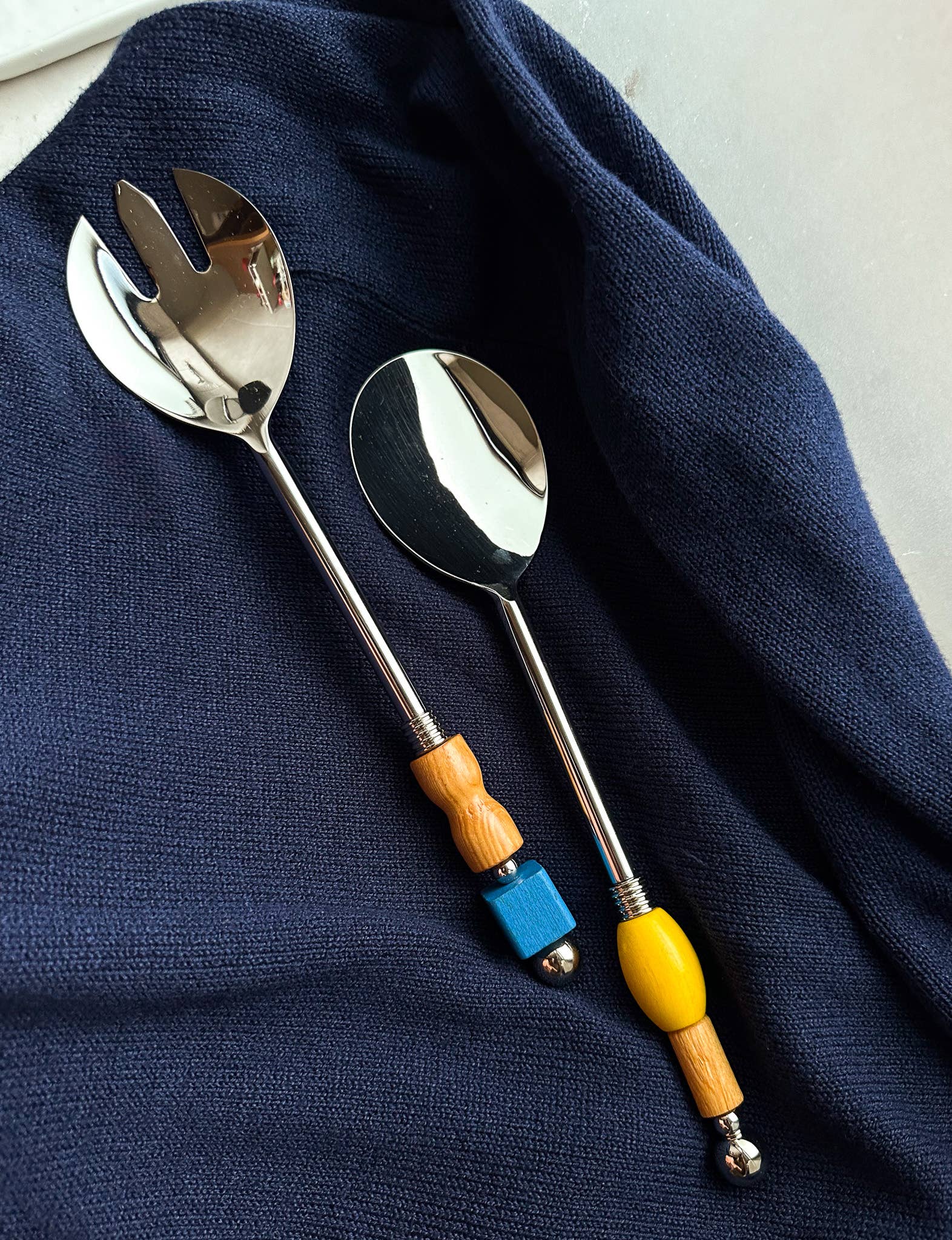 Yam Beaded Serving Utensils handle detail, hand-strung wooden and 304 stainless steel beads in mixed colors