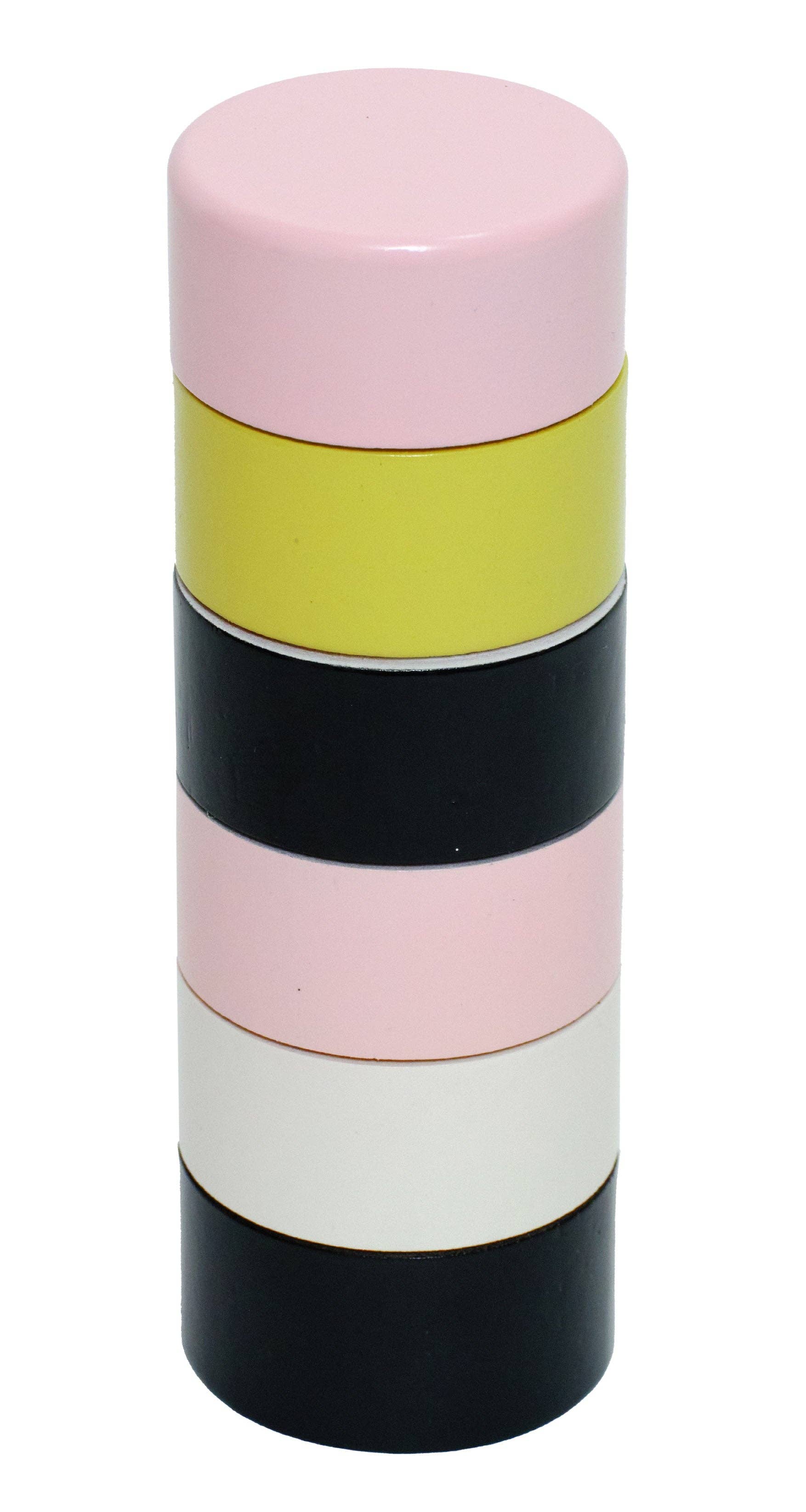 Dimes Peppermill in Pink close-up showing colorful stacked segments in pink, yellow, black, and white – collectible kitchen art by Dimes
