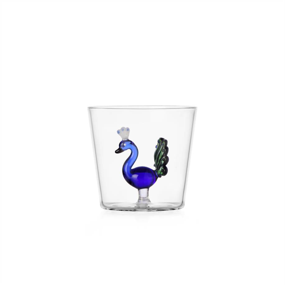 Blue Peacock Tumbler by Ichendorf Milano, clear borosilicate glass with a sculpted cobalt and green peacock inside