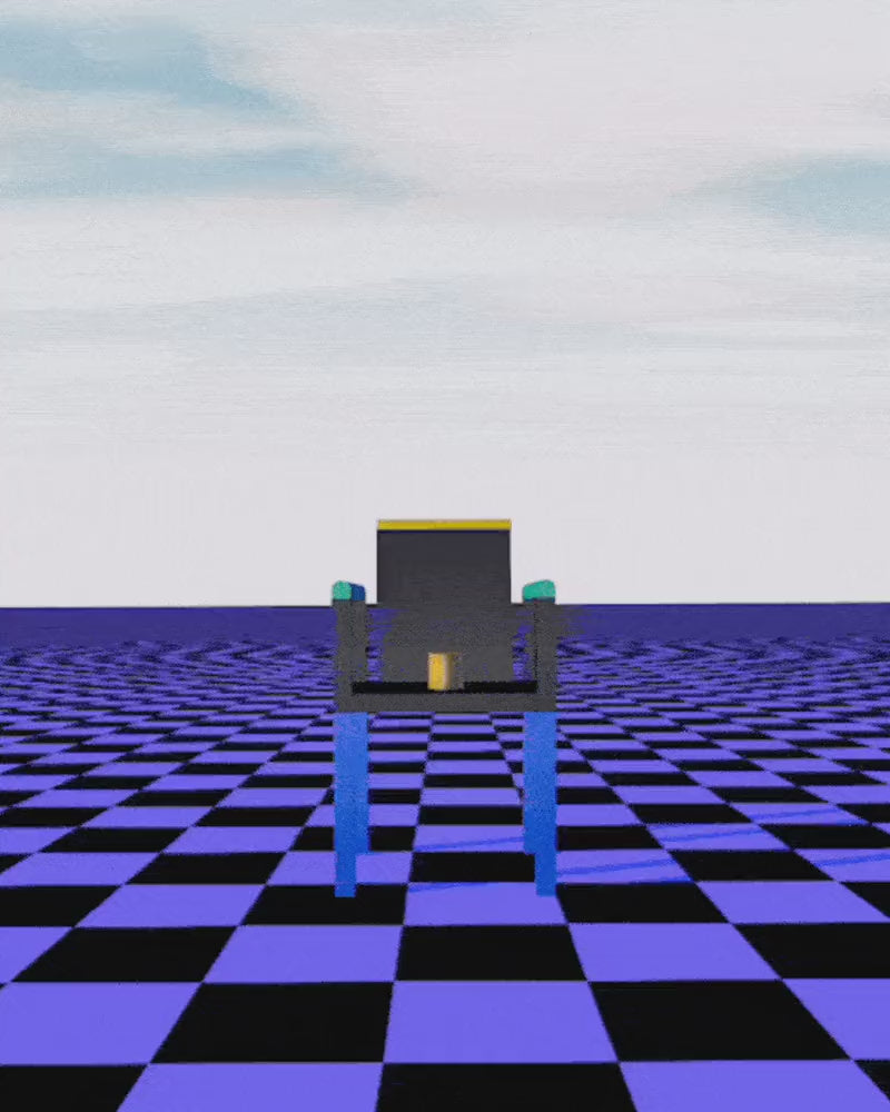 Creative direction: a chair on a chequered floor, animated