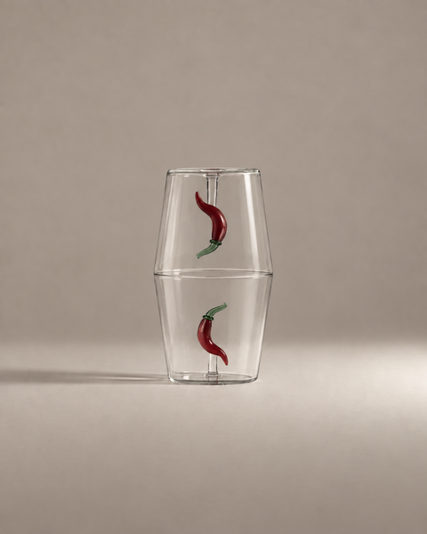 Fruit Stand Gift Set with two chili pepper glass tumblers stacked rim to rim on a warm greige background