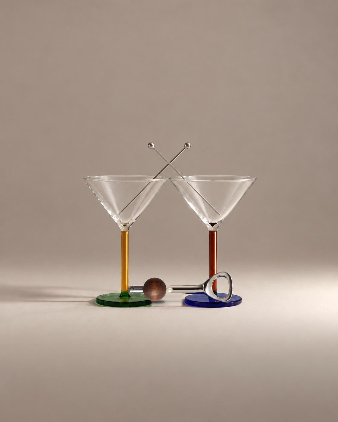 Martini Hour Gift Set with the Natural Wood & Pearl bottle opener: two mismatched cocktail glasses, garnish skewers and a steel opener with a pearl and a dark wood bead