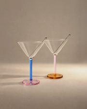 Piano Cocktail Glasses in Bluenote, set of two with steel skewers, studio photograph