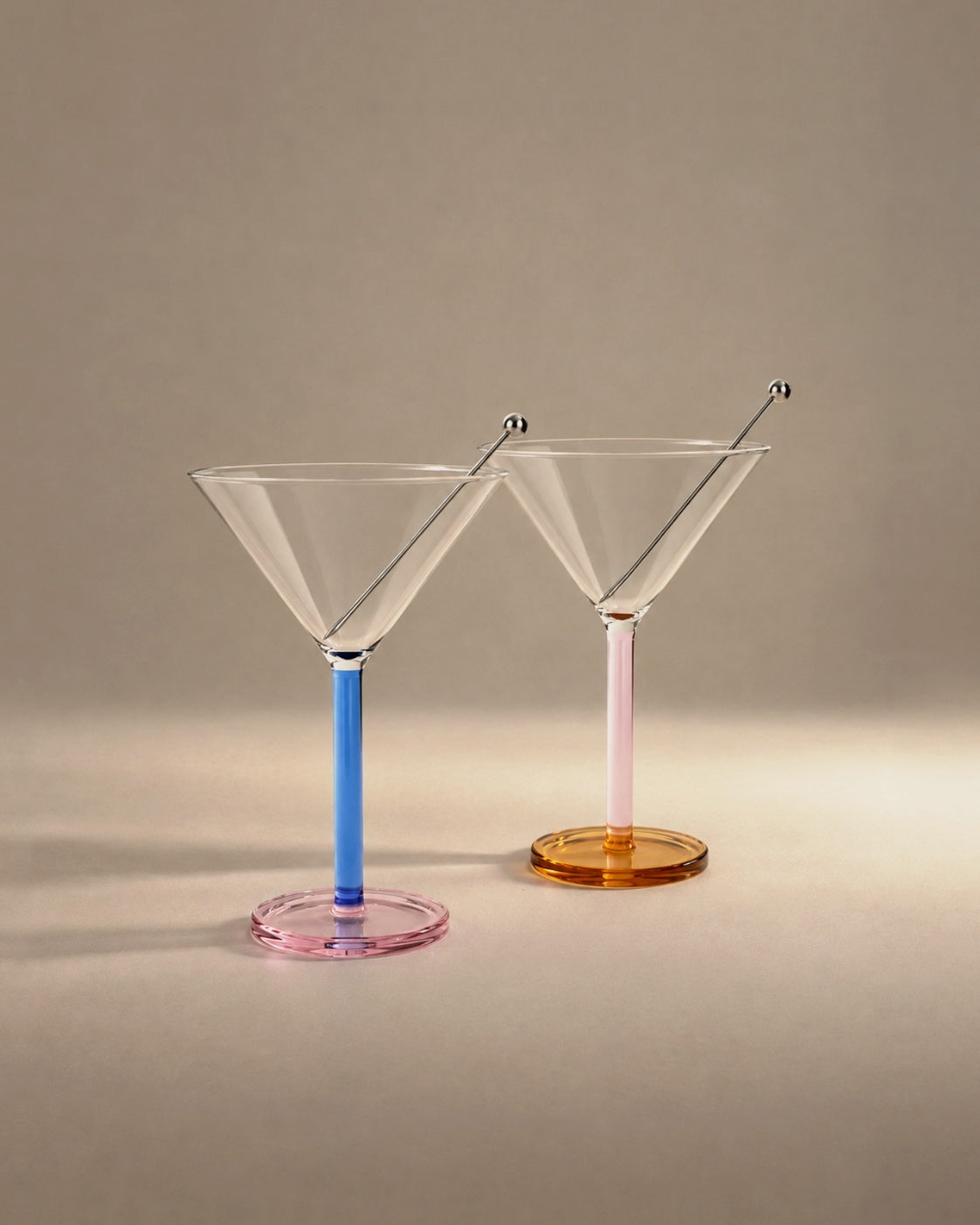 Piano Cocktail Glasses in Bluenote, set of two with steel skewers, studio photograph