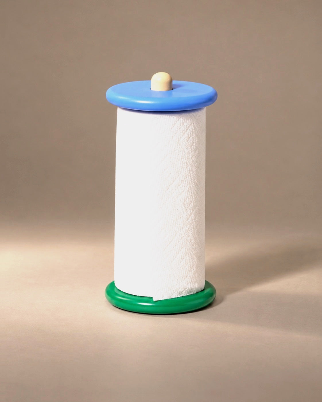Spool Paper Towel Holder in Blue + Green, photographed in the Son of Rand studio