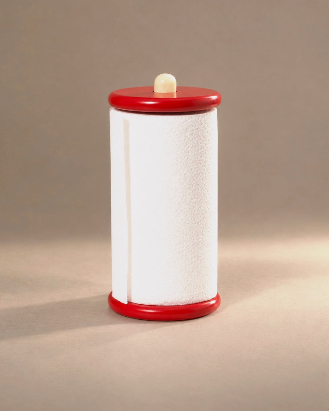 Spool Paper Towel Holder in Red, photographed in the Son of Rand studio