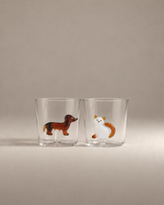 Table Pets Gift Set: two glass tumblers, one with a dachshund inside and one with a white cat