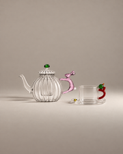 The Tea Party Gift Set: a clear ribbed glass teapot with a pink rabbit handle and a glass tea cup with a yellow ladybug on the saucer