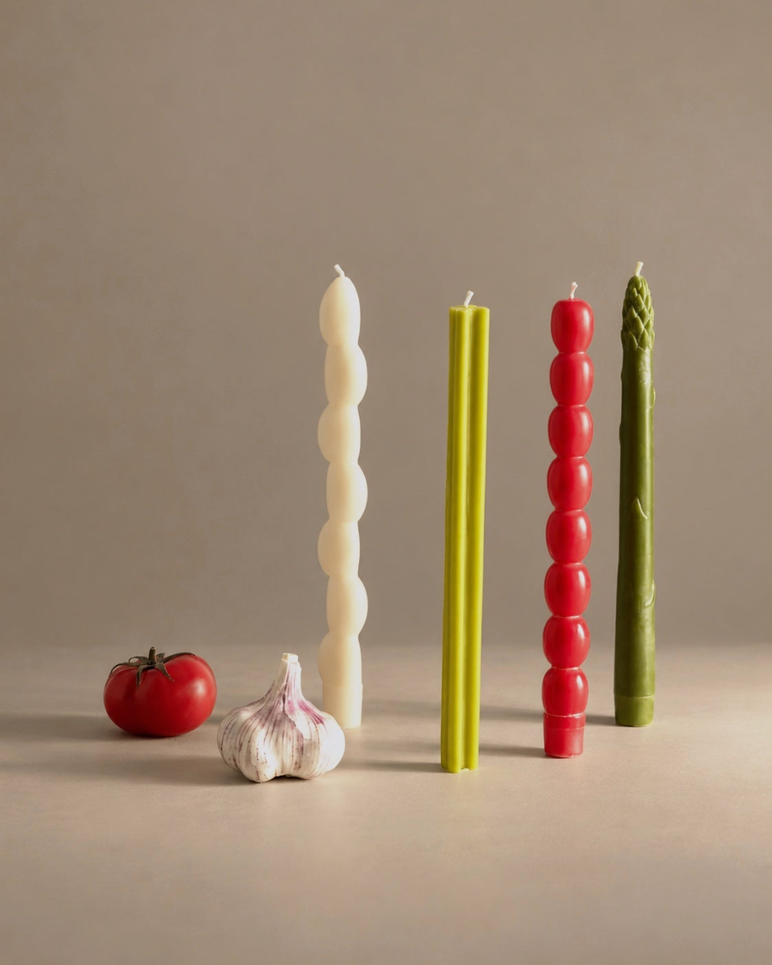 Veggie Patch chandelles taper candle set, studio photo