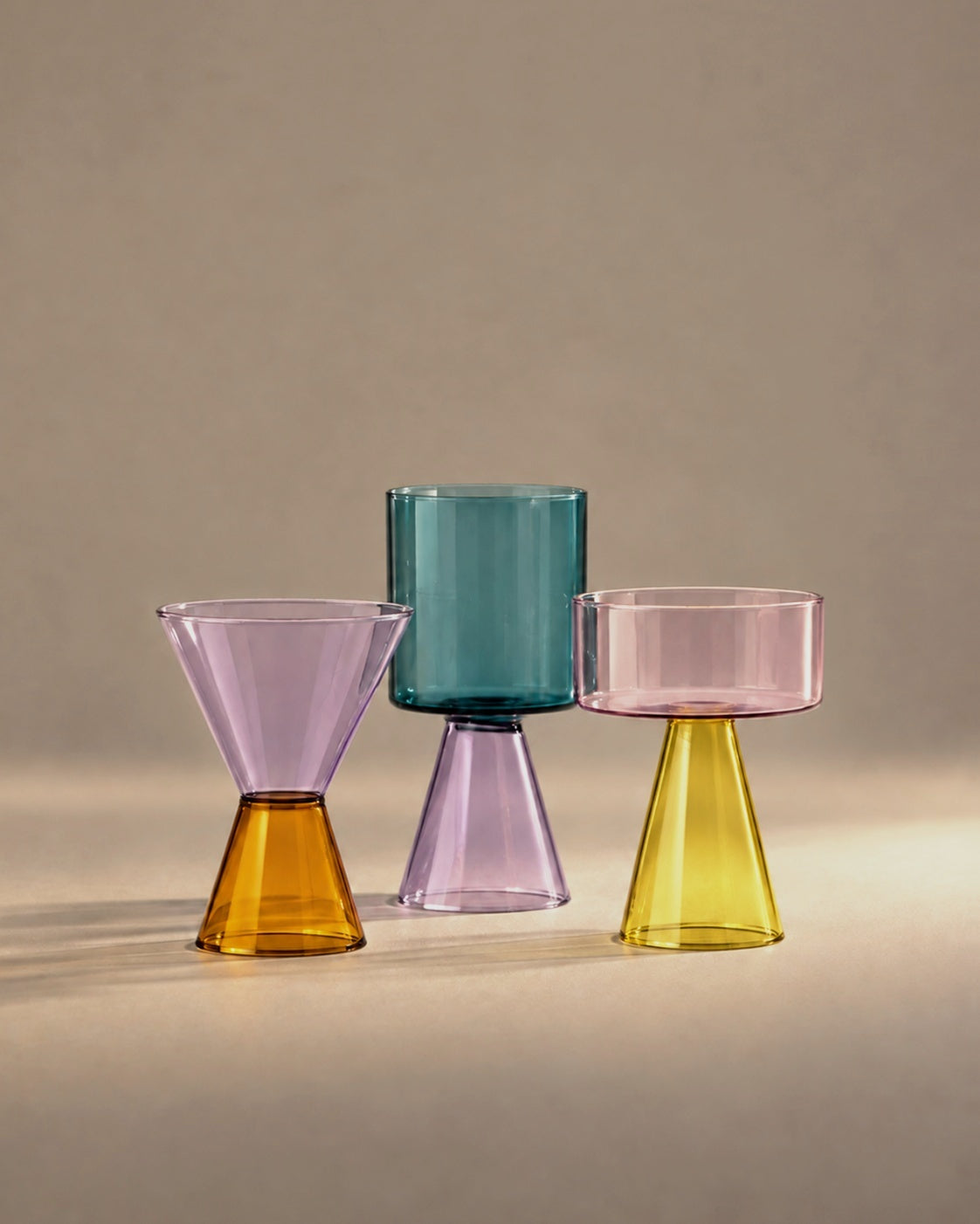 Travasi Glassware in three colourways, studio photograph