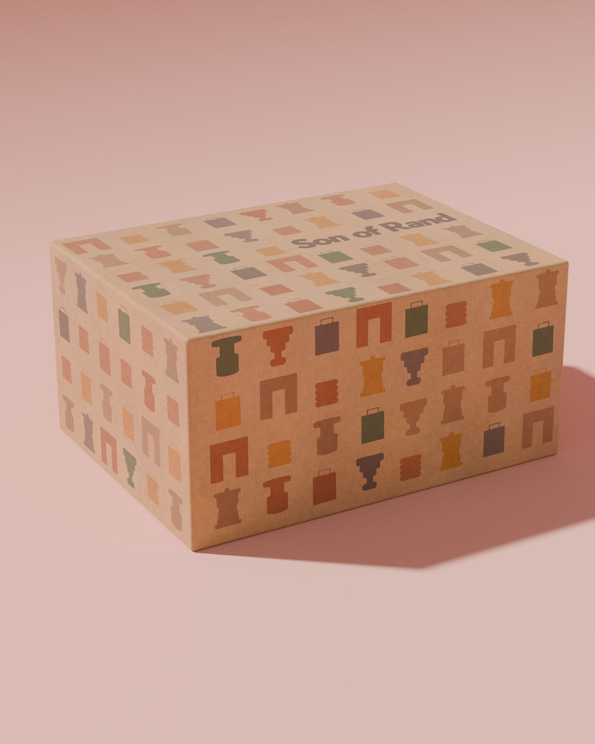 The Son of Rand Seasonal Box, a kraft mailer printed with colorful object shapes, on a pink backdrop